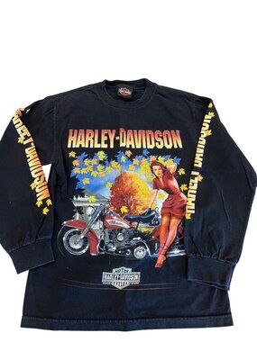 Harley Davidson Y2K Black Long Sleeve Shirt Pinup Graphic Women's Men's Size S